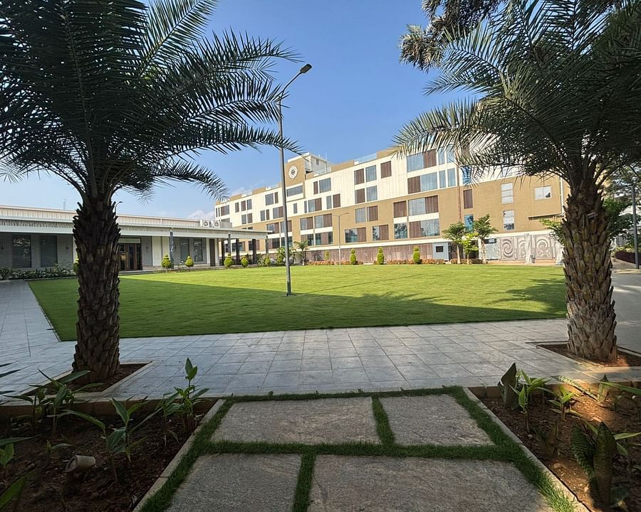 A lush outdoor lawn framed by palm trees and pathways for serene gatherings.