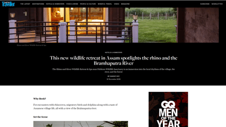 A snapshot of an article published by 'Condé Nast Traveller' aboutThe Rhino and River Wildlife Retreat & Spa near Pobitora Wildlife Sanctuary.