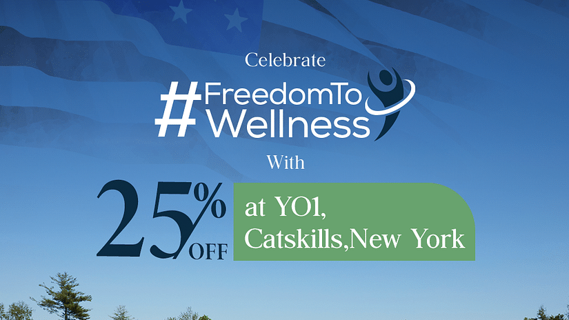 Promotional banner for wellness programs at YO1, Catskills, New York, offering a 25% discount, featuring a group yoga session with a serene outdoor backdrop.