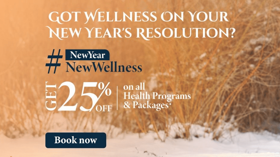 A woman meditates in a snowy landscape, with text promoting a New Year New Wellness offer at YO1 Longevity & Health Resorts, Catskills.