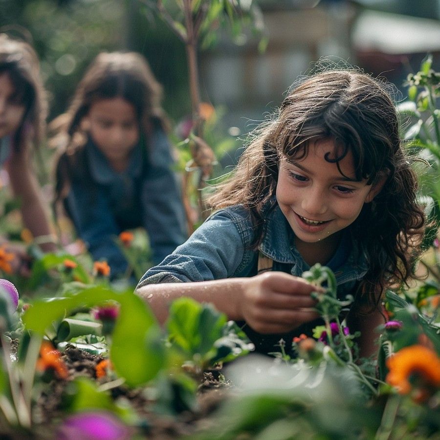 alt-text A child kneels in a garden, gazing intently at a vibrant flower. The focus is on the child's curious expression, highlighting their wonder and fascination with nature. Soft sunlight filters through the leaves, creating a warm and inviting atmosphere.