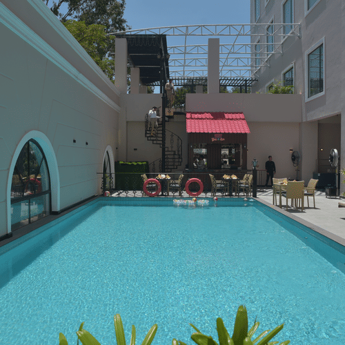 Hotel swimming pool with lounge area