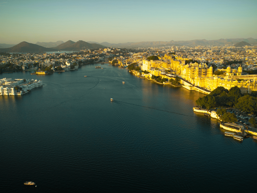 An aerial view of the popular attractions of Udaipur with numerous ghats and lake in view