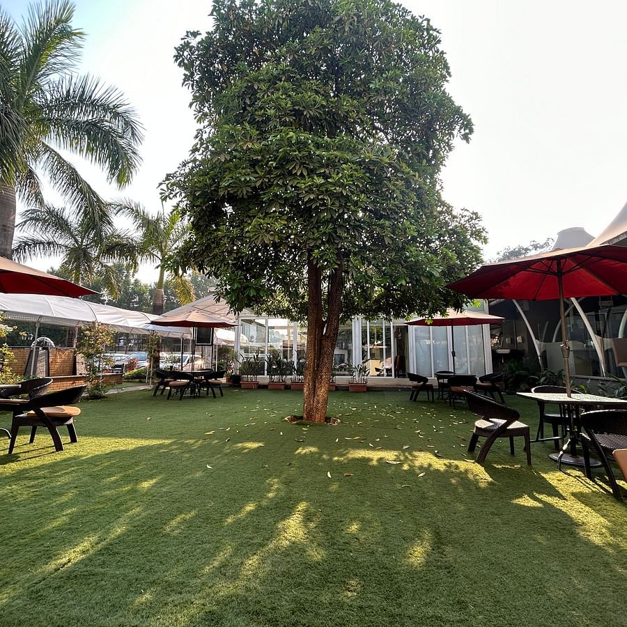 A spacious outdoor lawn with wooden picnic tables, vibrant umbrellas, and tall palm trees, creating a refreshing atmosphere for open-air dining and social gatherings – Maxxvalue Klub Klass Villa, Lonavala.