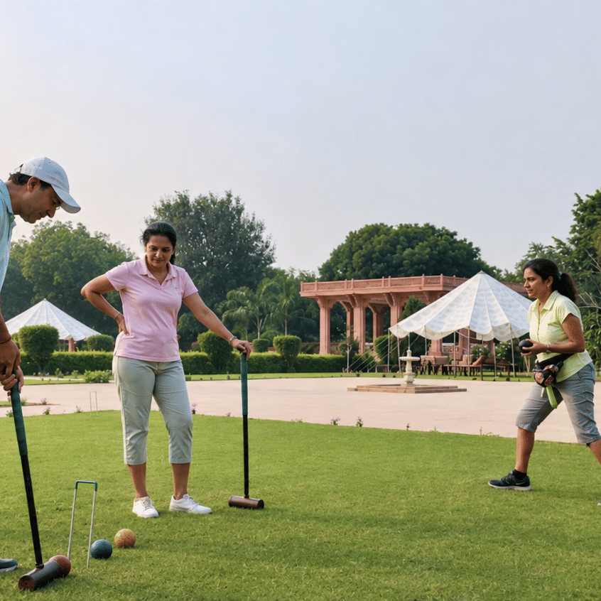 Guests playing a game of croquet on the expansive green lawn at The Umaid Palace with garden pavilions in the background.