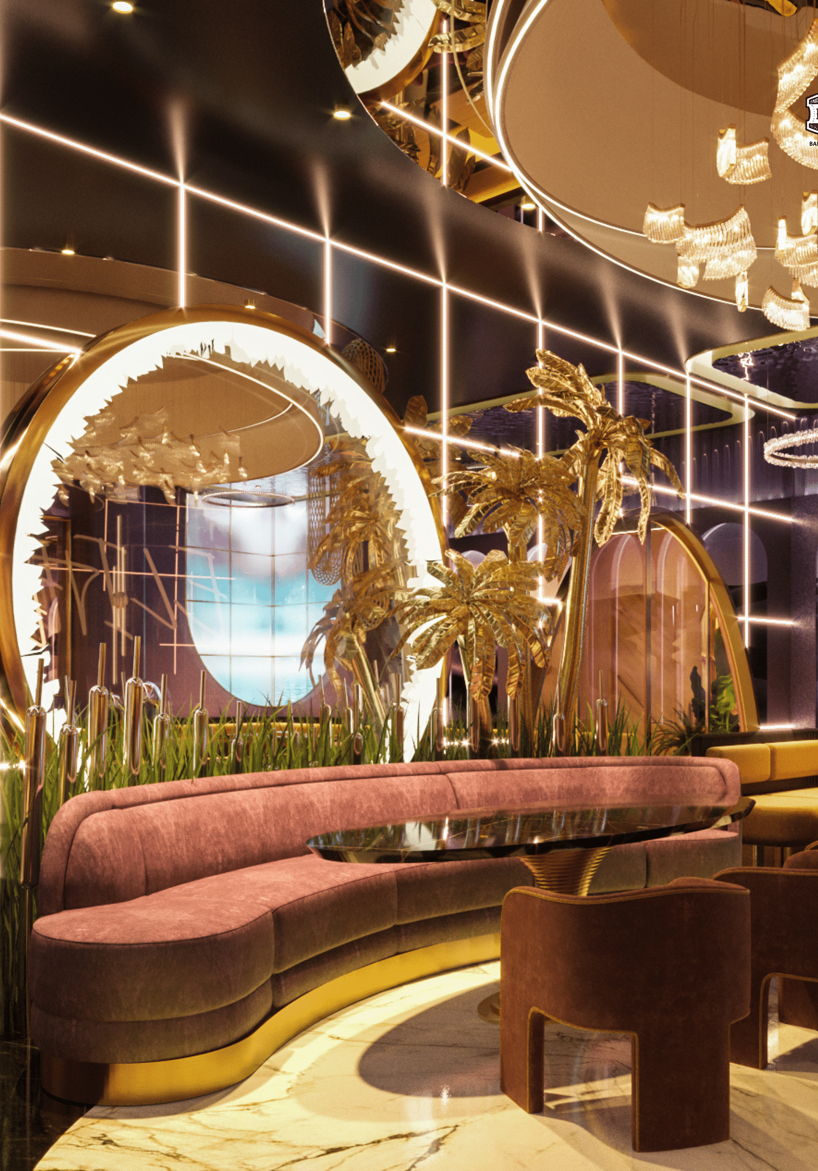 An image of a sofa set with a centre table and behind it there is a huge mirror - Themis Barbecue House