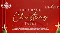 Promotional poster for the Christmas buffet at Casablanca, Pride Premier Pune, featuring festive decor, event dates, dishes, and pricing details.