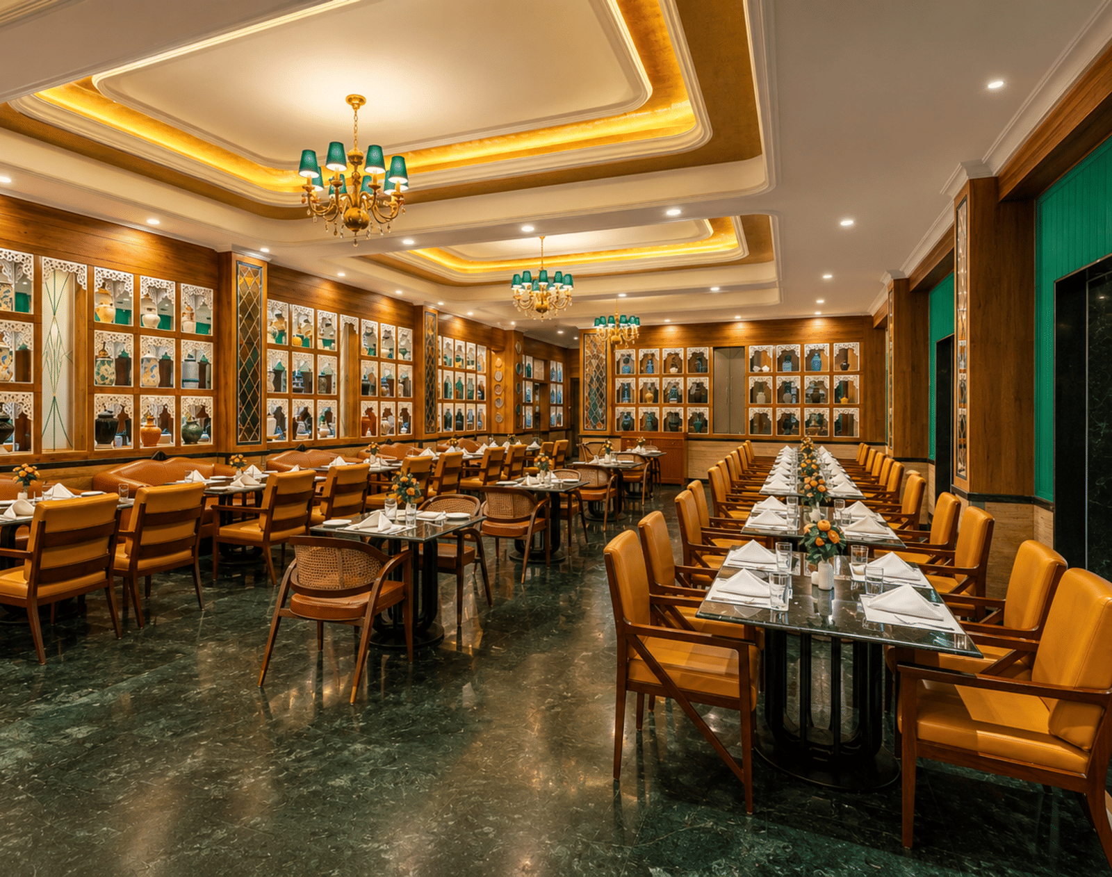 Tea Pot restaurant interior with decorative lighting at Mayfair Oasis Resort, Jharsuguda