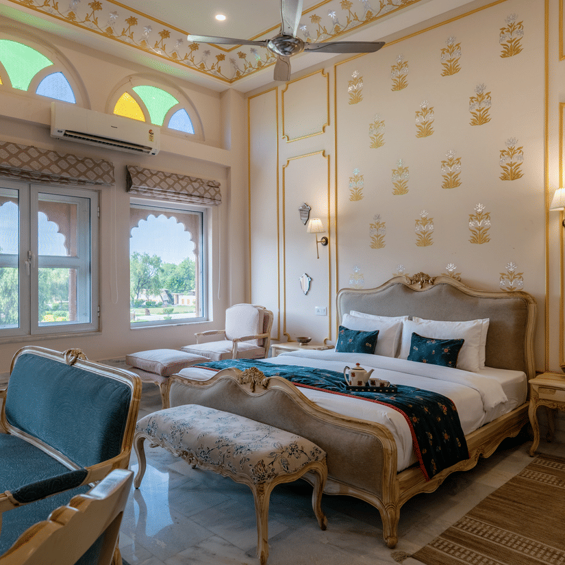 The elegant Maharaja Suite at Umaid Palace, luxury rooms near Delhi, featuring a king size bed, futons, sofa, lamps, and side tables, and offering traditional decor.