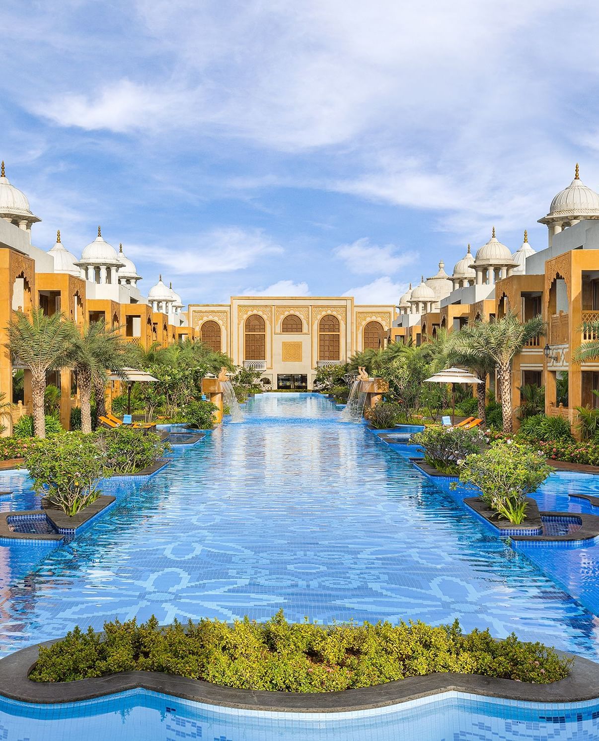 Grand view of the central water feature surrounded by luxurious architecture at our palace - Kaldan Samudhra