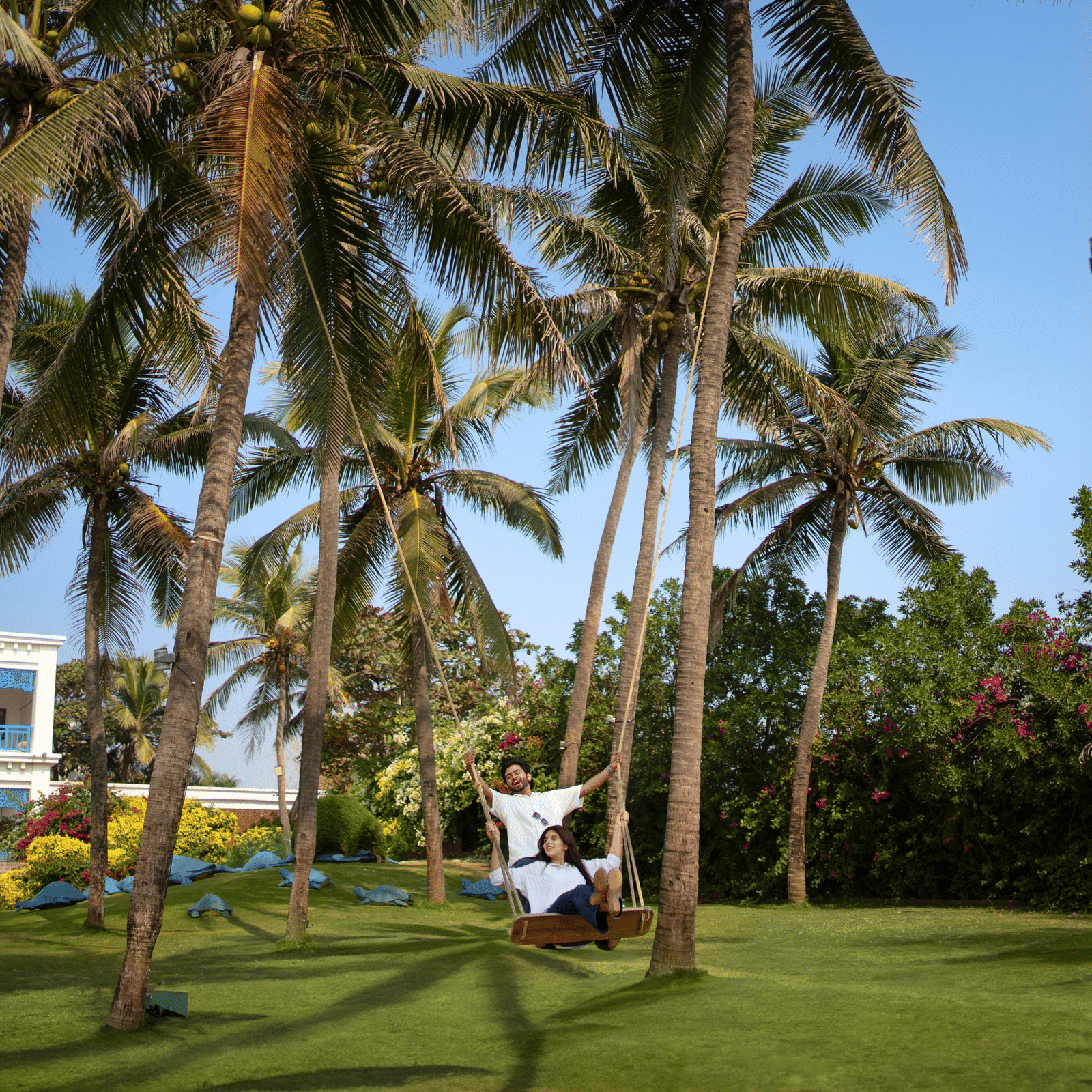 Two people on a wooden rope swing hung from coconut palms on the lawn, with a blue-and-white building behind, at MAYFAIR Palm Beach Resort, Gopalpur-on-Sea.