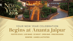 A festive New Year banner showing a resort entrance decorated with lights, a central pathway leading to a pavilion, small inset pictures of a resort room, an aerial pool view and a dining area, and a close-up of people raising glasses in celebration.