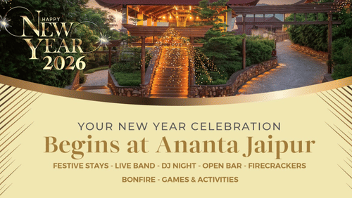 A festive New Year banner showing a resort entrance decorated with lights, a central pathway leading to a pavilion, small inset pictures of a resort room, an aerial pool view and a dining area, and a close-up of people raising glasses in celebration.