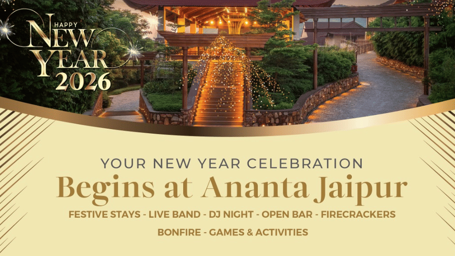 A festive New Year banner showing a resort entrance decorated with lights, a central pathway leading to a pavilion, small inset pictures of a resort room, an aerial pool view and a dining area, and a close-up of people raising glasses in celebration.