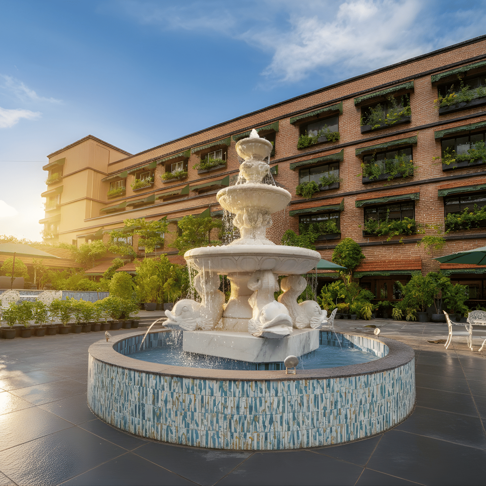 A courtyard fountain with multiple tiers, flowing water, surrounding outdoor seating and the resort’s facade in the background during sunset at MAYFAIR Bay Resort, Paradeep.