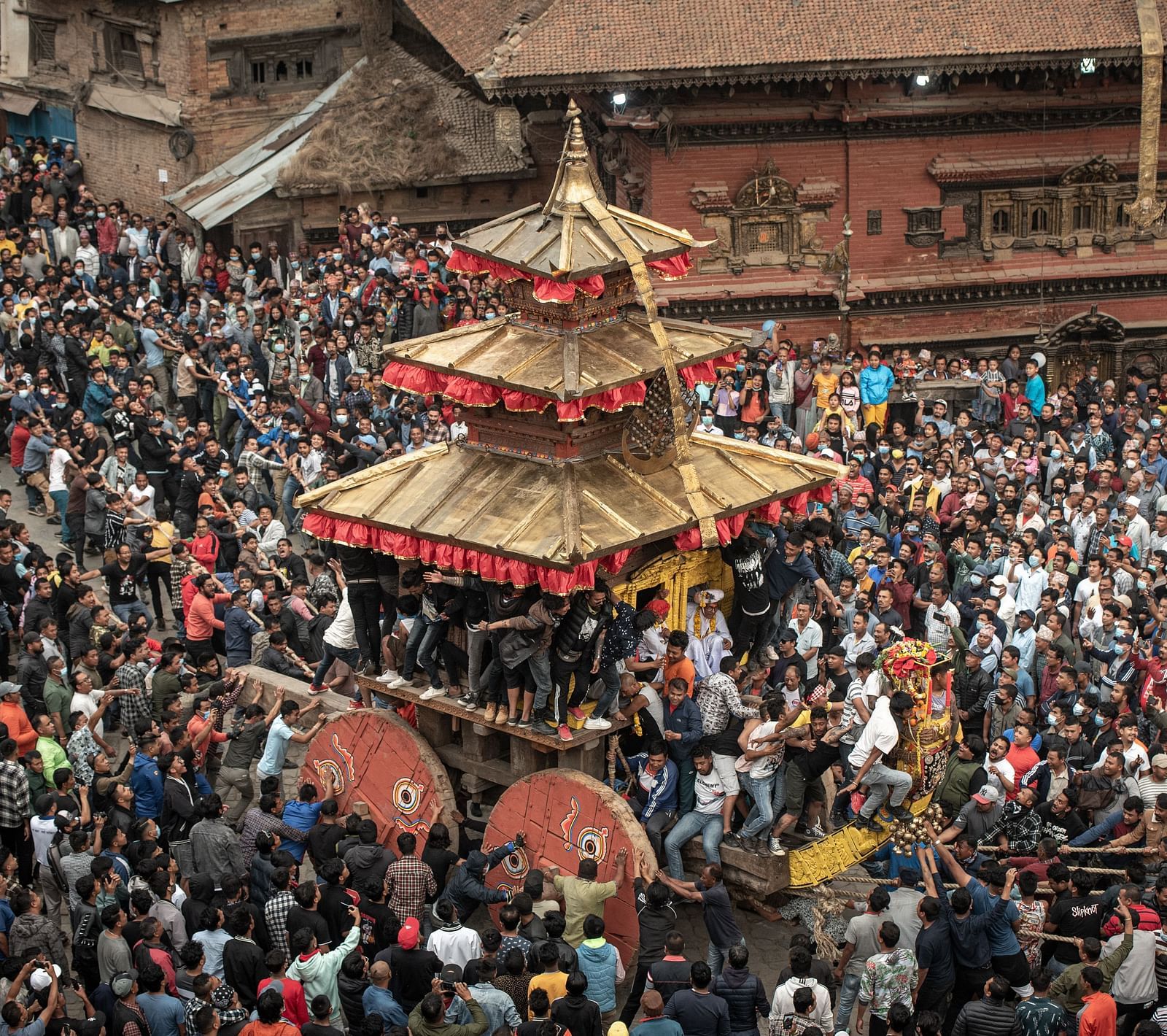 Chariot at the bisket jatra festival where a huge crowd has gathered to celebrate it