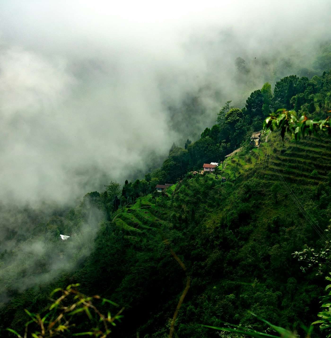 Aerial view of misty mountains.