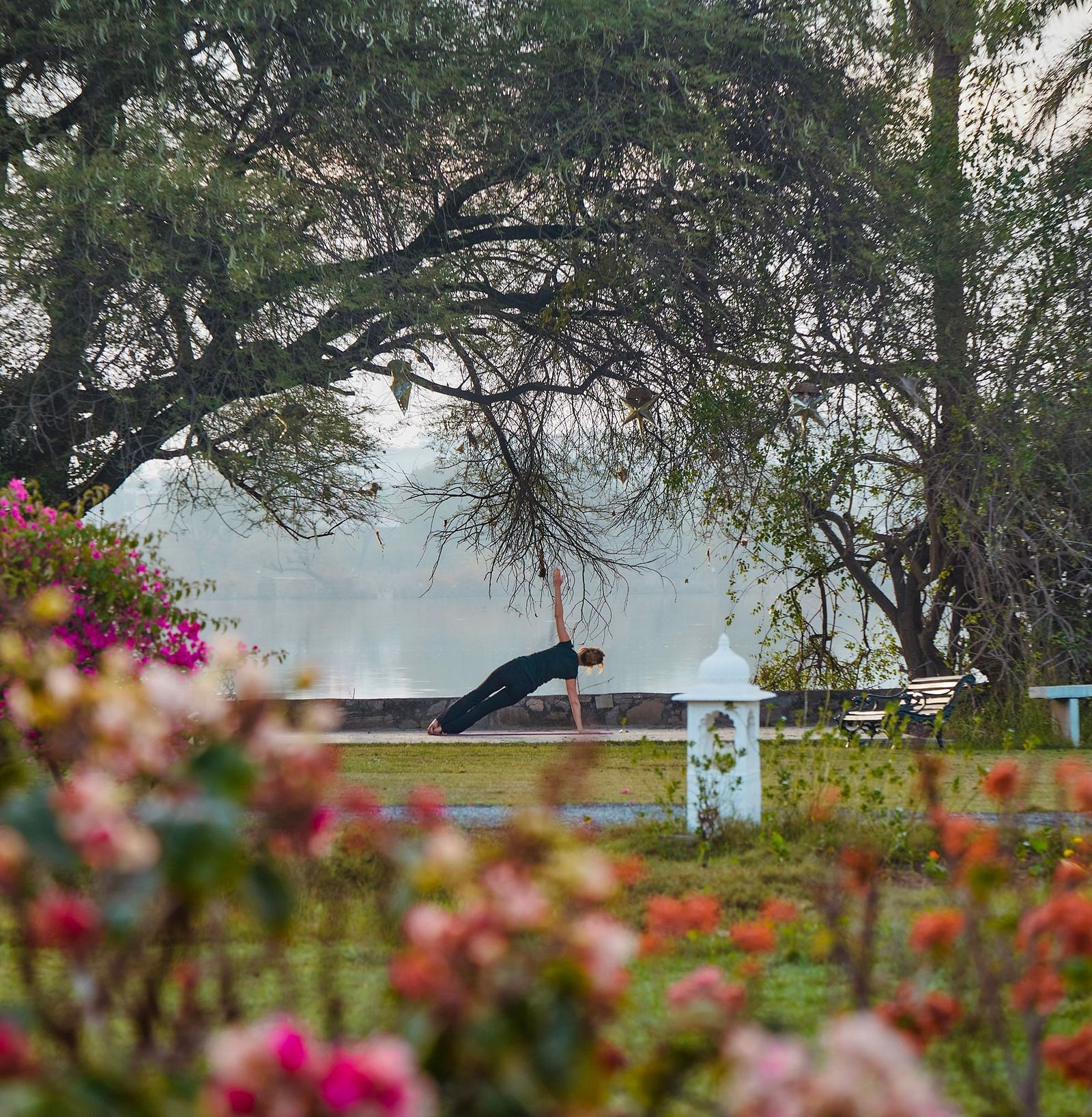 image of a person doing yoga in a garden overlooking bushes of flowers at dev shree, deogarh