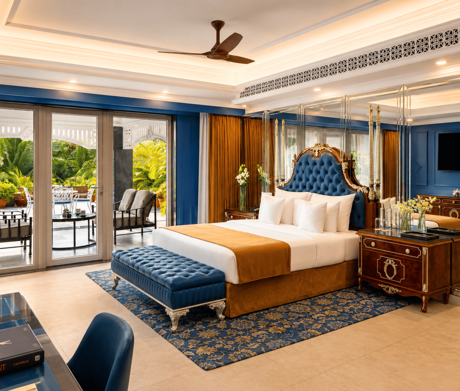 Presidential villa bedroom with a king bed, a tufted bench, a wardrobe and a terrace with outdoor seating at MAYFAIR Palm Beach Resort, Gopalpur-on-Sea.