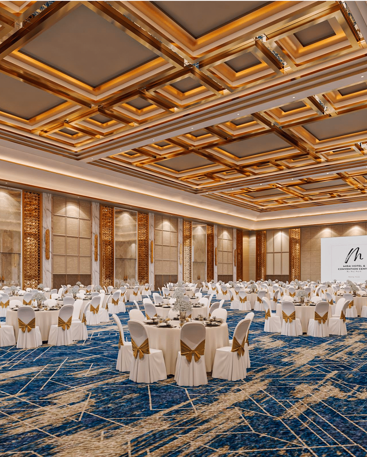 A wider view of a banquet seating with carpet, modern interior and projector upfront