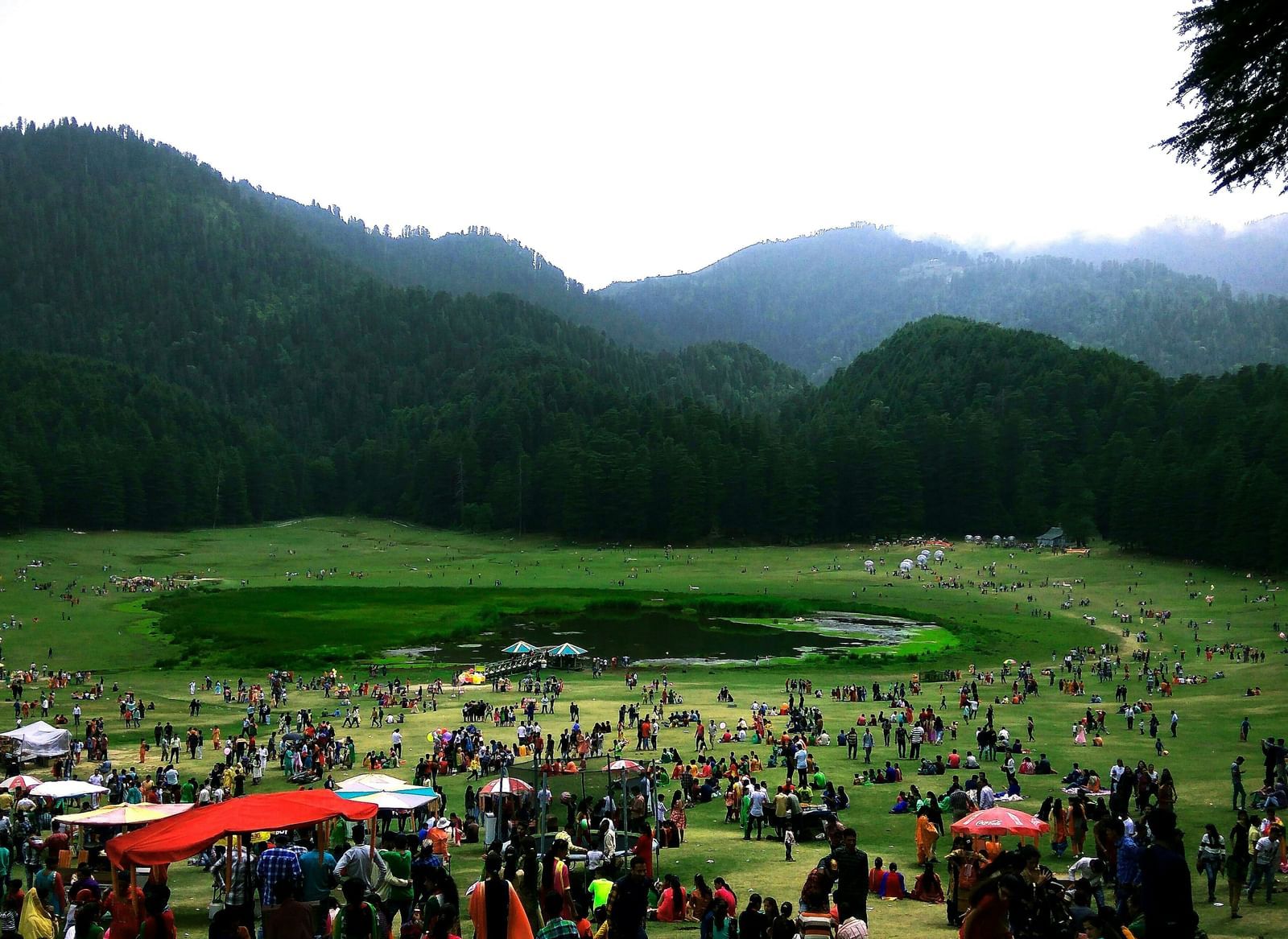 A wide-angle shot of a large gathering of people in a grassy clearing next to a small lake, surrounded by forested hills on a cloudy day.