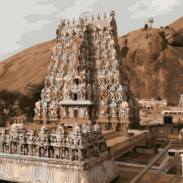 a depection of thiruparankundram murugan temple in amara katha chitra style