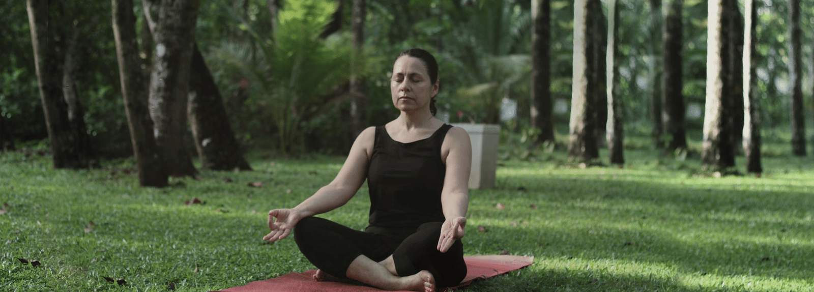A woman sits in a cross-legged meditation pose (Padmasana) on a red mat in a tranquil, grassy forest setting.