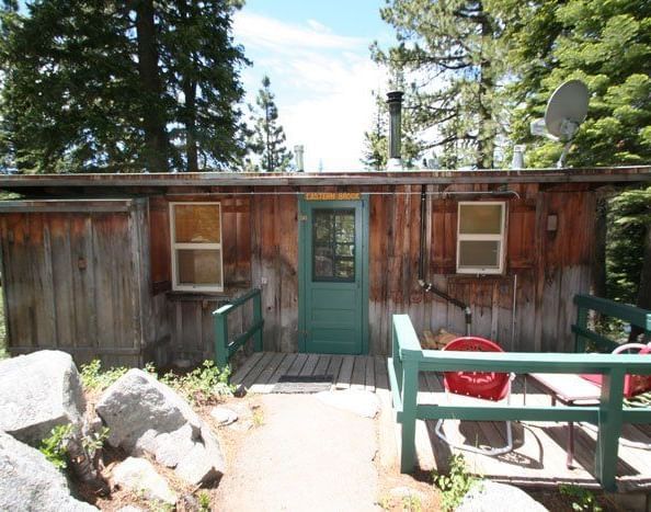 A charming wooden cabin with multiple windows and a small green porch, nestled in a sunny forest setting | Eastern Brook