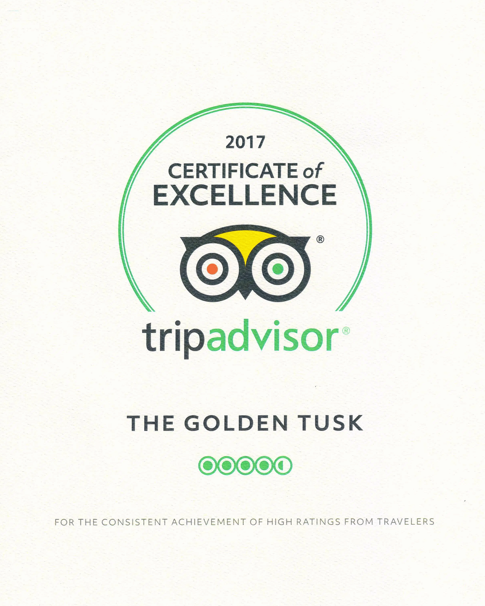 Certificate of excellence presented by TripAdvisor for the Golden Tusk Resort for the year 2017.