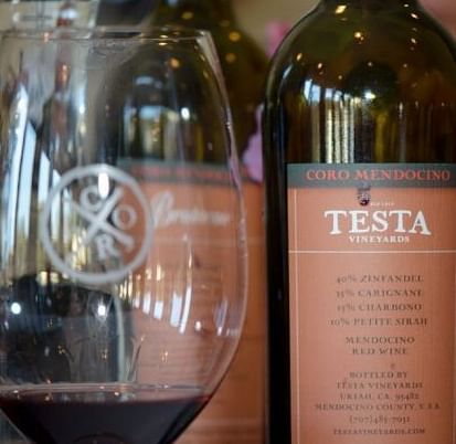 A wine glass partially filled with liquid stands in front of several wine bottles with labels, one prominently displaying the word TESTA.