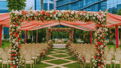 Outdoor event decorations with flowers and chairs at The Boma Nairobi.
