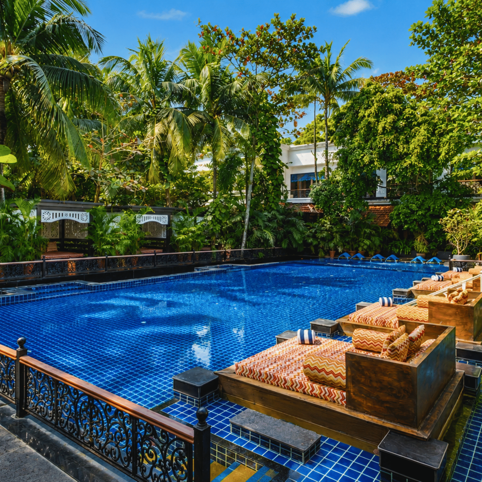 Outdoor swimming pool with blue tiling, wooden daybeds, an ornate railing and surrounding palm greenery at MAYFAIR Palm Beach Resort, Gopalpur-on-Sea.