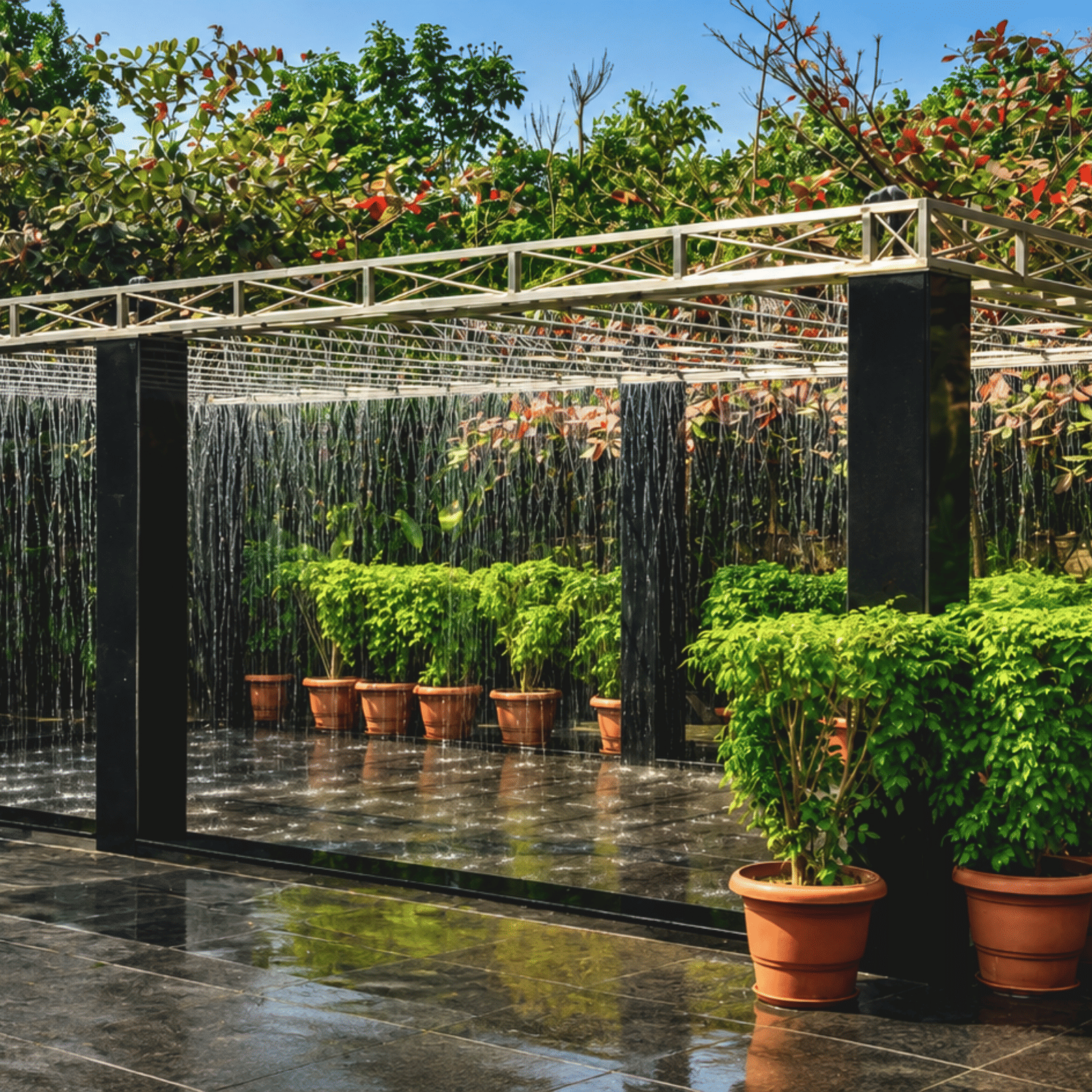 Outdoor water feature with strings of falling water over dark granite, framed by terracotta potted plants and greenery at MAYFAIR Palm Beach Resort, Gopalpur-on-Sea.