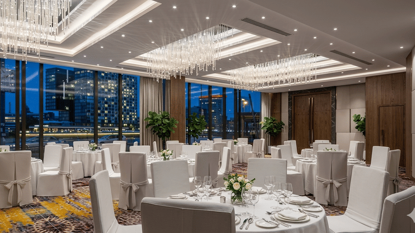 A bright banquet hall at KPG Sarovar Portico, Raj Nagar Extension, Ghaziabad, set with many round tables and white-covered chairs, featuring large windows and crystal lighting.