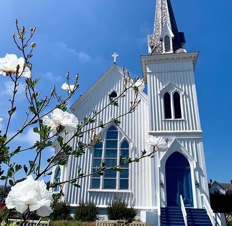 A charming church with a tall steeple set against a clear blue sky, framed by blooming flowers in the foreground.