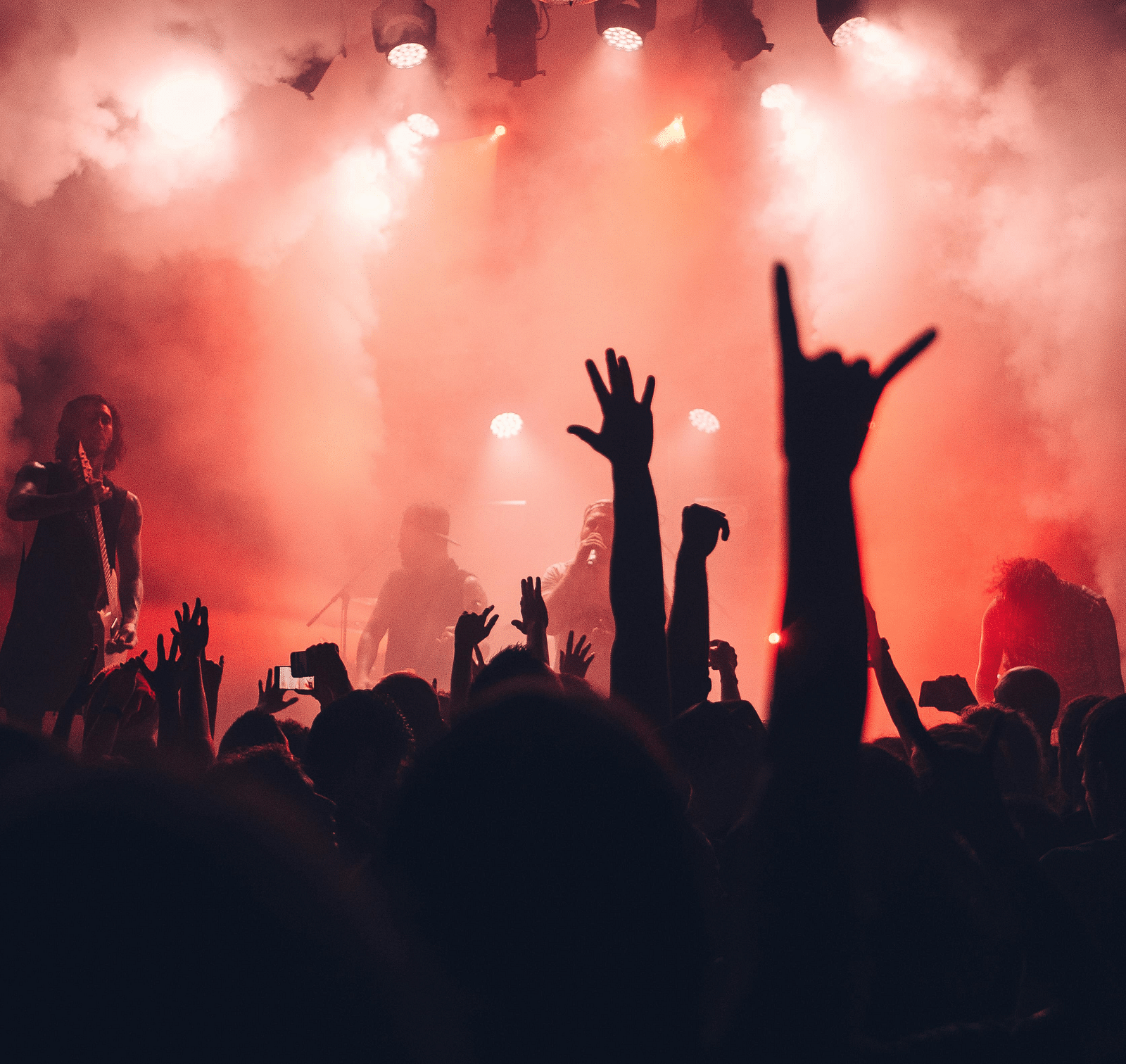 The concert area features a stage bathed in lights and fog, with the silhouettes of the crowd visible