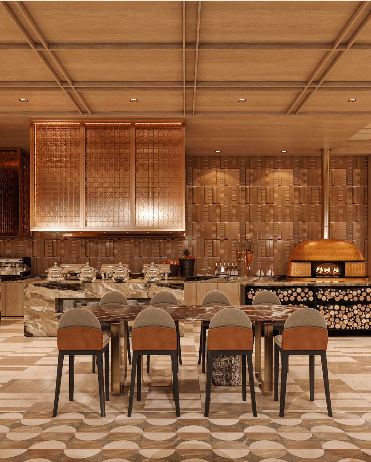 A buffet area and seating area with chairs and tables set for diners, modern interiors and well-lit