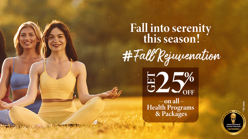 Fall Banner at YO1 Longevity and Health Resorts featuring a group of 5 women meditating outdoor