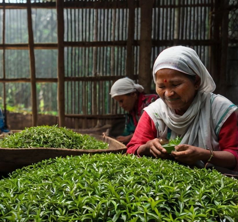 Workers separating tea leaves in a factory