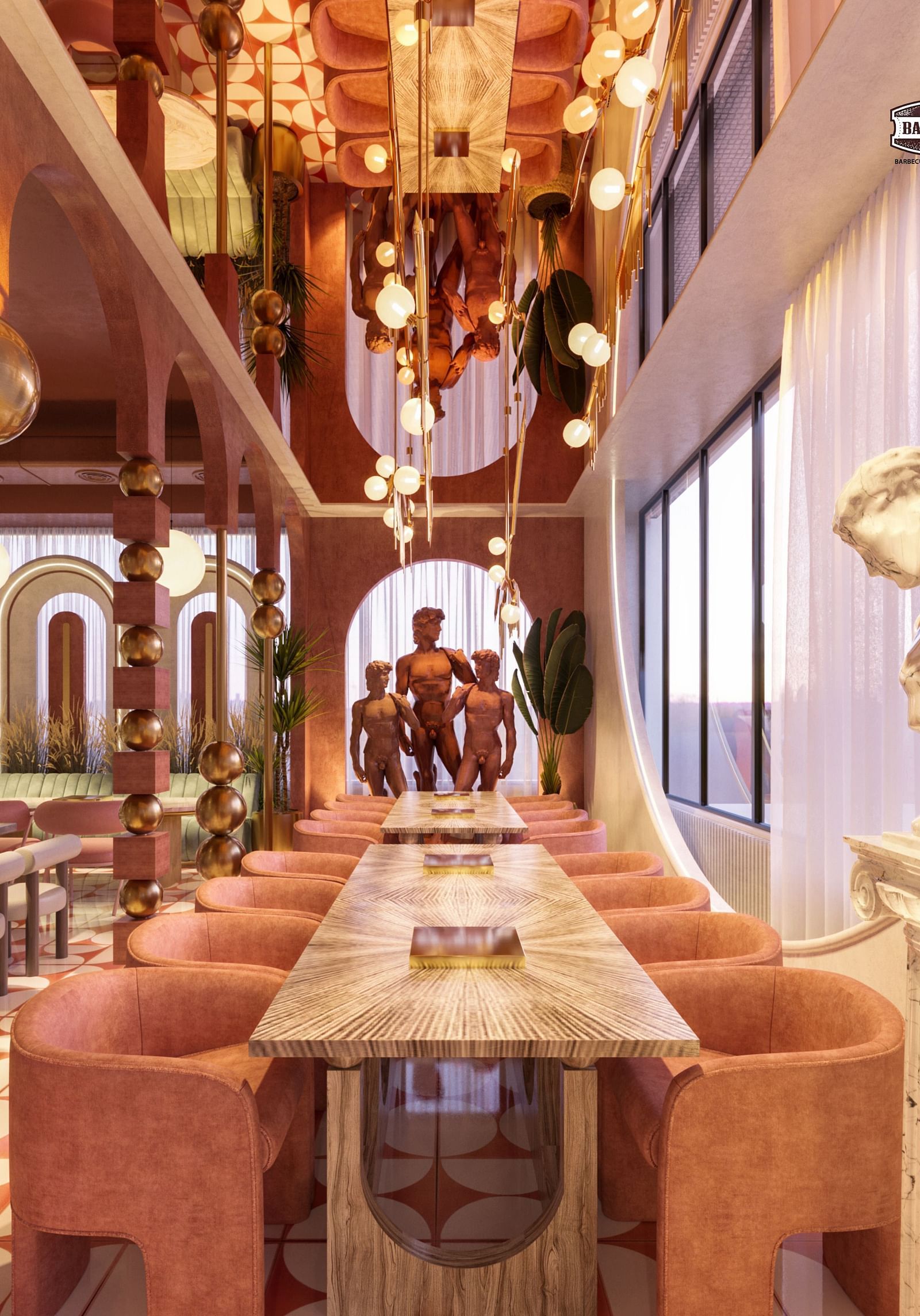 The peach coloured interiors of Themis Barbeque House, Ambala