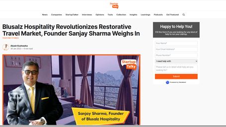 A snapshot of an article published by 'Startup Talky' about BluSalzz Villas - Muhamma Resort, Alleppey.