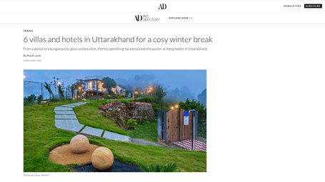 A snapshot of an article published by 'Architectural Digest' talking about Sukoon BluSalzz Escapade, Bhatrojkhan, as one of the best cosy retreats in Uttarakhand.
