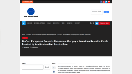 A snapshot of an article published by 'Biz News Desk' about BluSalzz Villas - Muhamma Resort, Alleppey.