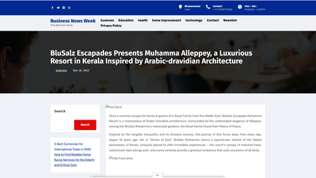 A snapshot of an article published by 'Business News Week' about BluSalzz Villas - Muhamma Resort, Alleppey.