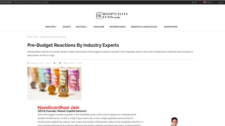 A snapshot of an article published by 'Hospitalitylexis.media' about the pre-budget reactions mentioning Mr Sanjay Sharma.