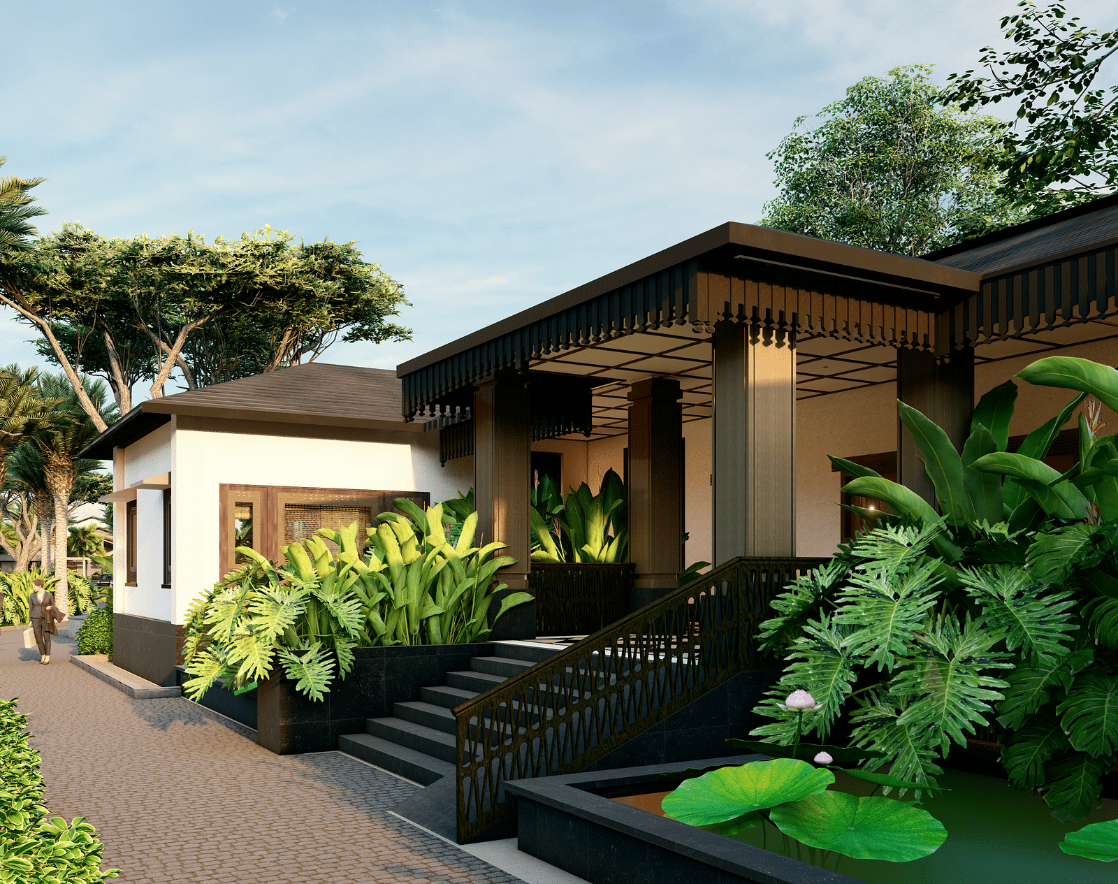 A building with a covered entrance, surrounded by lush plants and palm trees, with a pathway leading to it  - Rhino and River BluSalzz Collection, Pobitora