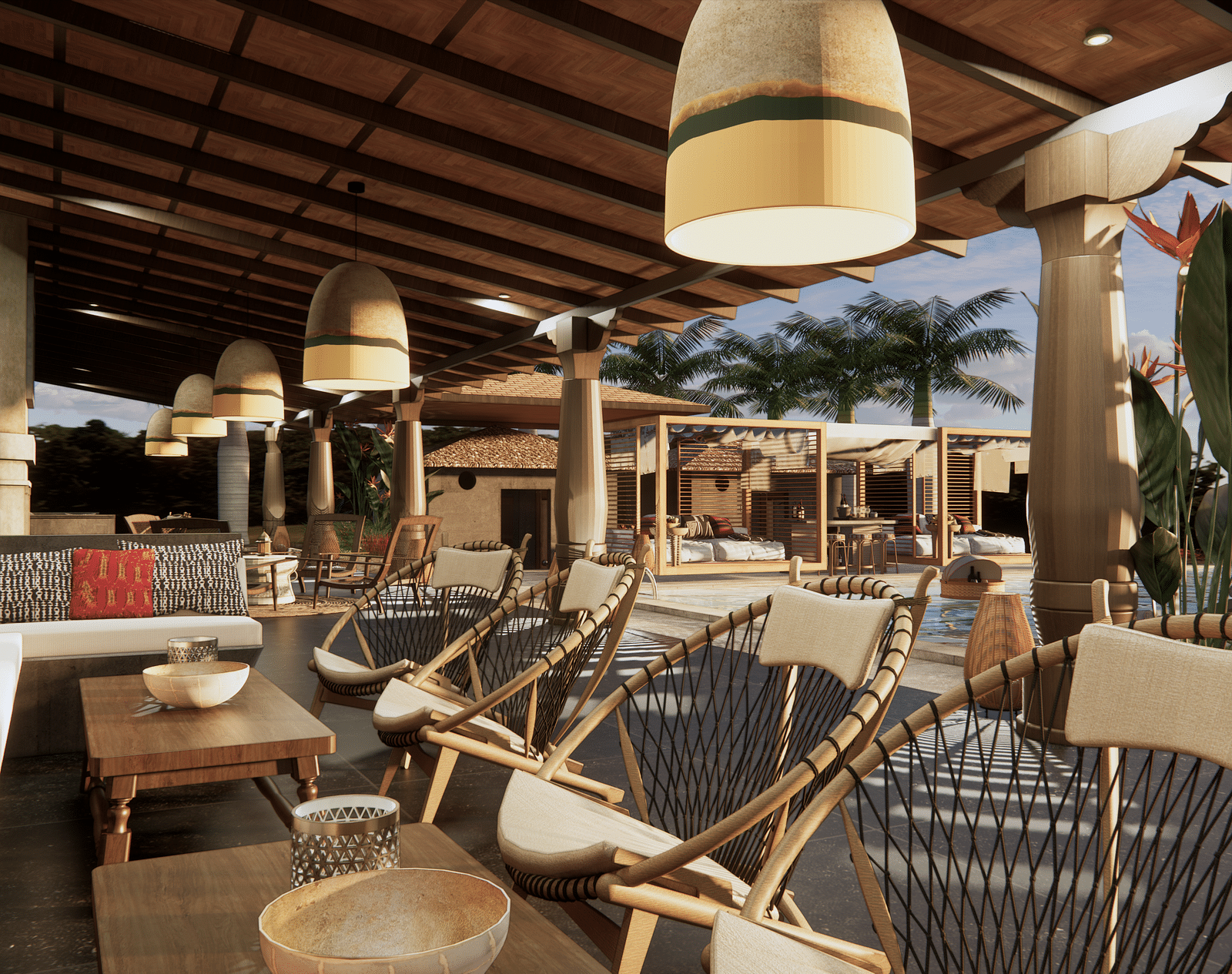 An outdoor lounge area with chairs, a sofa, hanging lights, and plants, under a covered patio - Rhino and River BluSalzz Collection, Pobitora