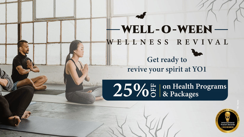 A Halloween Offer banner shows people meditating in a yoga class, promoting a 25% discount on health programs and packages at YO1 Longevity & Health Resorts