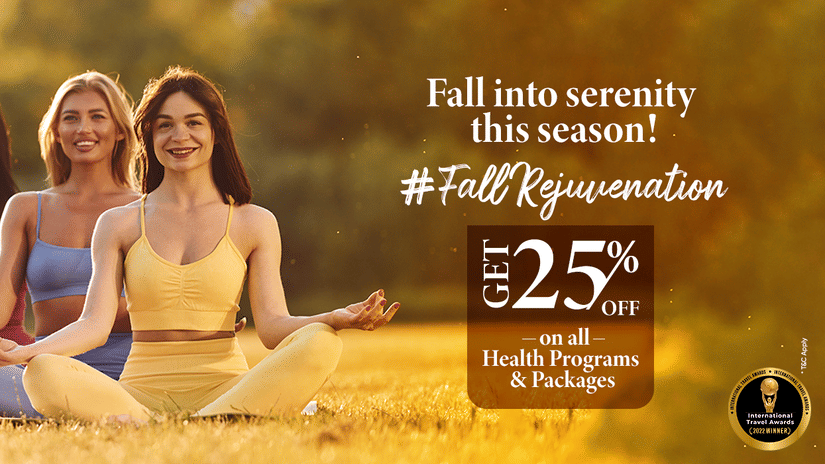 Fall Banner at YO1 Longevity and Health Resorts featuring a group of 5 women meditating outdoor