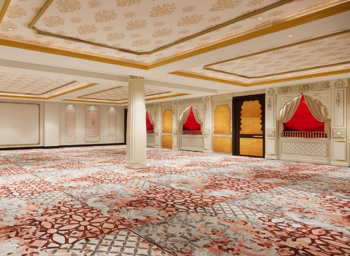 Spacious banquet hall with ornate ceilings, grand pillars, ambient lights, and wallpaper styled after windows in Indian heritage homes